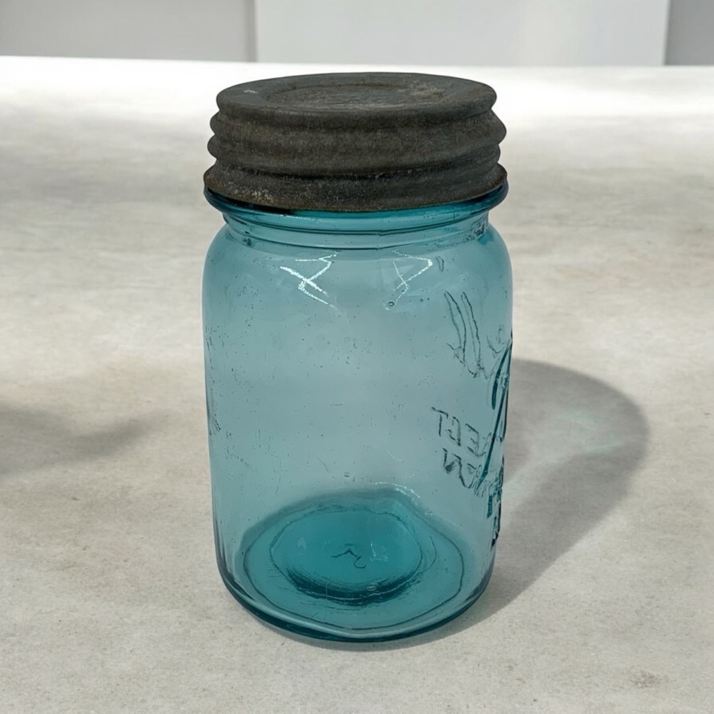 Ball Perfect Mason Glass Jar 1923-33 Pint Size #5 Aqua Blue With Zinc Metal Lid - Picture 4 of 9